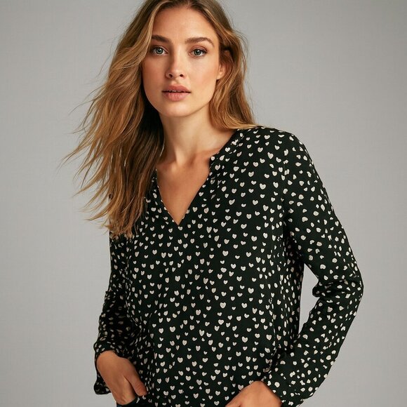 GAP Tops - Gap Small Black White Heart Print Blouse Y2K 90s Romantic Casual Top Cottagecore